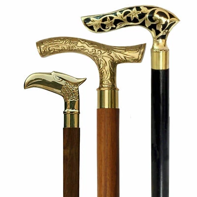 Lot of 3 Vintage Antique Walking Cane Wooden Stick Brass Handle Derby dESIGN gIF - Image 1 of 4