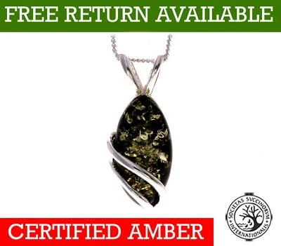 Certificato Ovale Ambra Baltica & 925 Pendente Argento Sterling Catena 40.6cm - Immagine 1 di 4