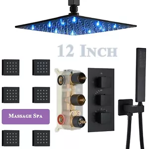 Matte Black Thermostatic Shower System set 12" LED Rain Massage Spray kit Mixer - Picture 1 of 12