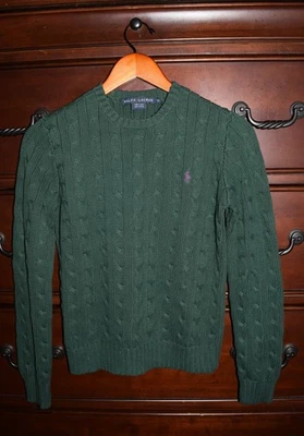 Suéter para mujer Polo Ralph Lauren verde pino liso cuello redondo tejido con cable pequeño S Foto 1 de 4