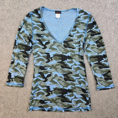 Vintage Y2K Babydoll Shameless T-Shirt Womens M Long Sleeve Camo Blue Stretch - Image 1 of 4
