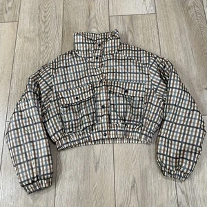 Giacca Bomber Zara Puffy Cropped Xs a Quadri Marrone Marrone Marrone Donna Manica Lunga - Foto 1 di 14