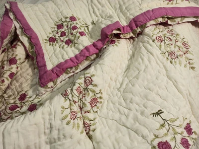 Bedding Floral Print Handblock Cotton Kantha Quilt Blanket Pink & White King - Image 1 of 4