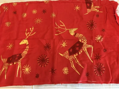 Vintage golden Reindeer Red Winter Christmas material  142" L x 47"W - Image 1 of 4