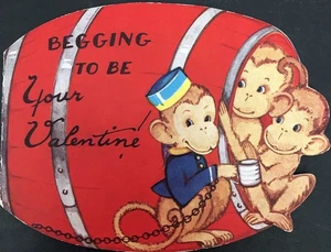 Vintage gestanzte Valentinstagskarte entzückende Affen im Fass betteln, dein zu sein - Bild 1 von 3