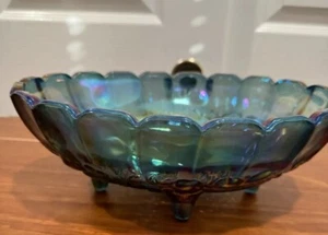 Fruit Bowl Indiana Glass Iridescent Blue Harvest Carnival Grape Footed Vintage - Picture 1 of 8