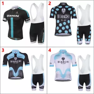Mens BIANCHI Team Cycling Jersey Short Sleeve Jerseys Bike Gel Bib Shorts Suit - Picture 1 of 27