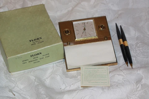 Florn Company Wind Up Desk Clock Alarm Pen Holder Paper Original Box MCM Cover