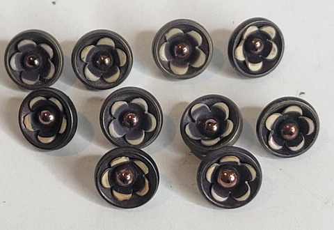 Antique Button Steel and Copper Round Flower Set of 10 Cover