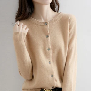 Women's Cashmere Blend Cardigan Solid Color Sweater Simple Crew Neck Jacket Coat - Picture 1 of 20