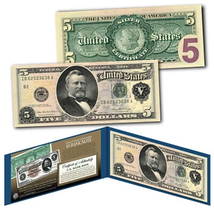 1886 Morgan Silver Dollar Back $5 Silver Certificate Banknote on Modern $5 Bill - Picture 1 of 3