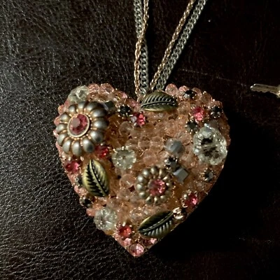 (2012) Betsey Johnson Rose Gold & Silver Pink Floral Heart Necklace - Image 1 of 4