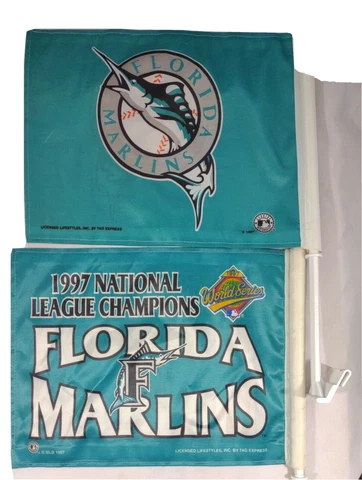 (2) 1997 RETRO Florida Marlins Baseball Logo & National Champion Auto Car Flag Cover