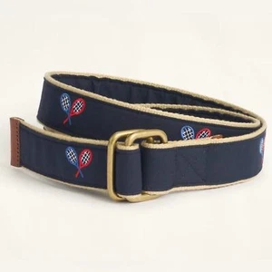 Brooks Brothers Men’s Tennis Racket Embroidered Leather Tab D-Ring Belt - Bild 1 von 7