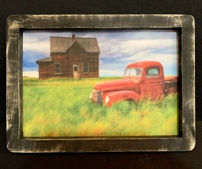 Prim Country Print *Abandoned Old Red Truck* in black hand made frame 11" x 8" - Image 1 of 3