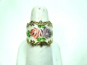 VINTAGE HAND PAINTED WHITE AND PINK ENAMEL ROSE GOLD OVER STERLING RING SIZE 7 - Picture 1 of 7