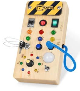 Montessori Wooden Busy Board– Sensory Toy with 8 LED Light Switches for Toddlers - Picture 1 of 12