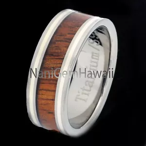 Koa Wood Titanium Hawaiian Band Ring 8mm With 2 Lines Silver Flat Edge - Picture 1 of 2
