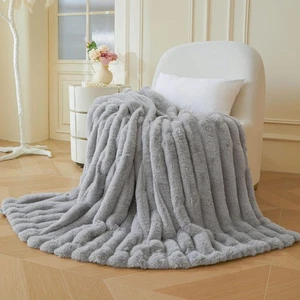 Fluffy Faux Rabbit Fur Throw, Cozy Ribbed Stripe Plush Fuzzy Blanket for Bed ... - Picture 1 of 6