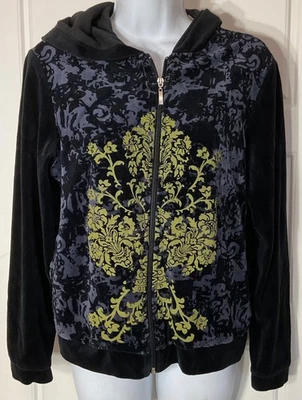 Sudadera con Capucha Bamboo Trders Terciopelo Negro Cremallera con Patrón Damasco Dorado y Gris Petite M Foto 1 de 4