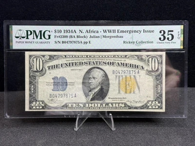 DBR 1934-A $10 North Africa Silver Fr. 2309 PMG 35 EPQ Serial B04797875A - Image 1 of 2