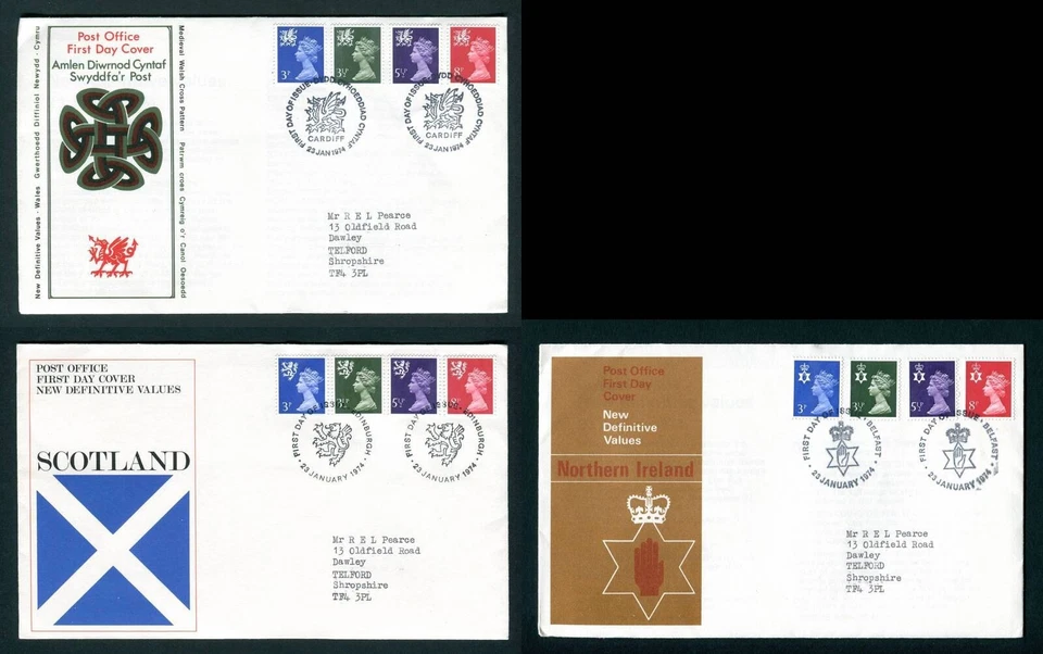 1974 Regional Definitive Set of 3 FDC. Wales Scotland N Ireland First Day Covers - Image 1 of 1