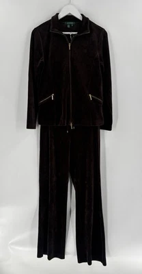 Traje de chándal vintage Ralph Lauren Y2K para mujer pequeño marrón terciopelo elástico cremallera Foto 1 de 4
