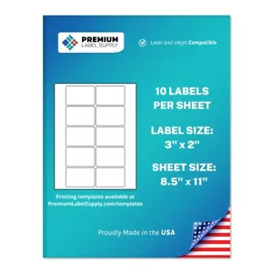 1000 etiquetas autoadhesivas premium de 3"" x 2"" - 10 por hoja - Imagen 1 de 1