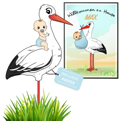 BUNNYBOO Klapperstorch zur Geburt Baby - Aus Holz - INKL. POSTER - Geschenk