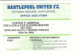 Ticket: Hartlepool United - Arsenal 1994/5 - Ligapokal 2. Runde Hinspiel - Bild 1 von 1