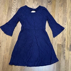 Girls Justice Lace Dress  Sz 14-6 Navy Blue Bell Sleeve Cut Out Bow Fit & Flare - Picture 1 of 7