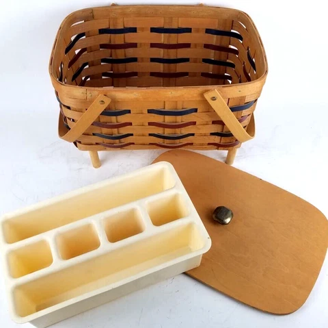 Peterboro Basket Company Picnic Basket w Flag Top Handle, Organizer, and Stand Cover