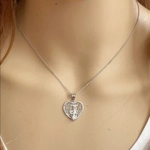 925 Sterling Silver Filigree Heart CZ Initial Letter J Pendant Necklace - Picture 1 of 7