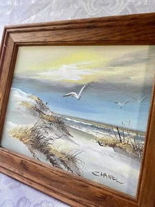 Quadro paesaggio spiaggia dipinto olio incorniciato firmato opera d'arte originale scena spiaggia - Foto 1 di 3