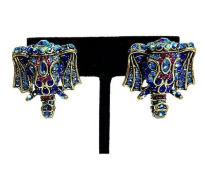 Último Stock Pendientes "Elefante Exótico" Cristal Azul Espalda Omega Nuevos sin Etiquetas Foto 1 de 4
