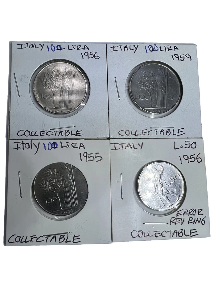 ITALY 100 LIRES 4 COINS $100 LIRA 1955-56-59  AND $50 LIRAS 1956 AU COLLECTIBLES - Image 1 of 4