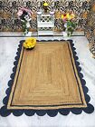 Handmade Braided Natural Pure Jute With Blue Design Scalloped Rug