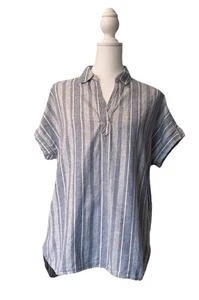 Sigrid Olsen Top Womens Linen Blend Boxy Fit Short Cap Sleeve White Blue Sz XS - Picture 1 of 11