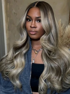 Balayage Ombre Silver Gray Ash Blonde Wigs Wave Lace Front Wigs 100% Human Hair - Picture 1 of 3