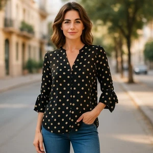 Anne Klein Petite Polka Dot Blouse 3/4 Sleeve V-Neck Black/Beige Size PM Preppy - Picture 1 of 18