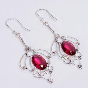 Rhodolite Garnet Stone Vintage Handmade 925 Sterling Silver Earrings 2.5" l258 - Picture 1 of 5