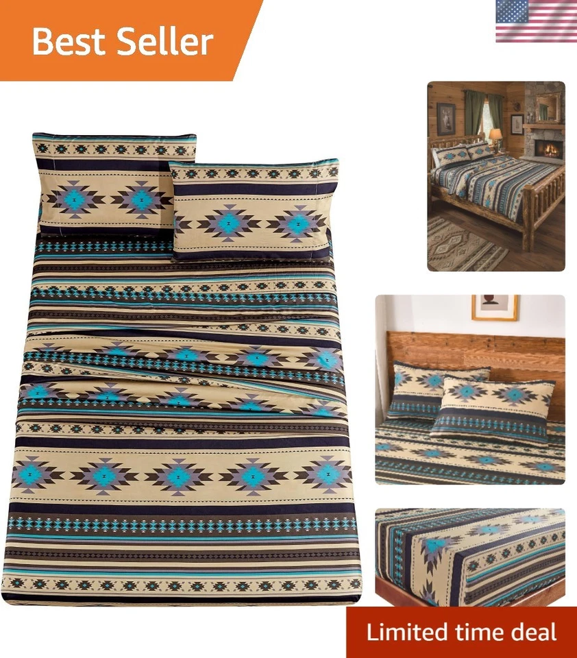 Elegante juego de sábanas Prescott Queen de 4 piezas - patrones geométricos verde azulado y tribales Foto 1 de 4