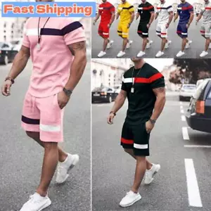 Summer Sport Set 2PCS T-Shirts & Shorts Tracksuit Casual Sweatsuit Outfit Mens - Picture 1 of 19