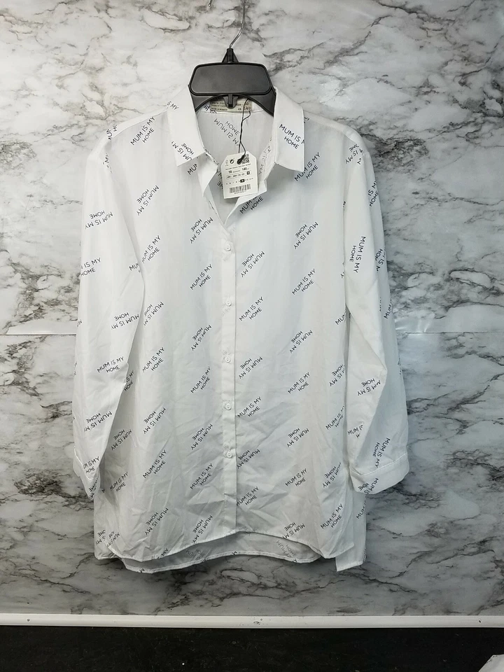 ZARA KIDS GIRLS White BUTTON UP DRESS SHIRT Sz 10 Mum is my home New #P - Image 1 of 4