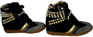 Scarpe Donna Zeppa Alta Pelle Serafini Manhattan Black Gold Studs Sneakers Shoes