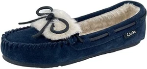 Clarks Adalyn Navy Blue Mocassin Vamp Comfort Rounded Toe Scuff Fashion Slippers - Picture 1 of 6