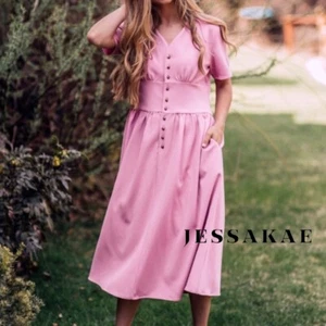 NWT JessaKae Folklore Midi Dress Large Pink $160 Stretch Crepe Romantic - Picture 1 of 17