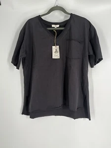 NWT EASEL women's gray/black oversized pocket tee size S stretch raw hems boho - Picture 1 of 10
