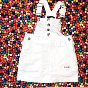DKNY sz 5 Girls Youth White Cotton Stretch Denim Jeans Overalls Dress Jumper - Picture 1 of 5