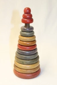 VINTAGE HOLGATE WOOD RAINBOW STACKING TOY RINGS TREE, 8 ¾ INCHE TALL - Picture 1 of 5